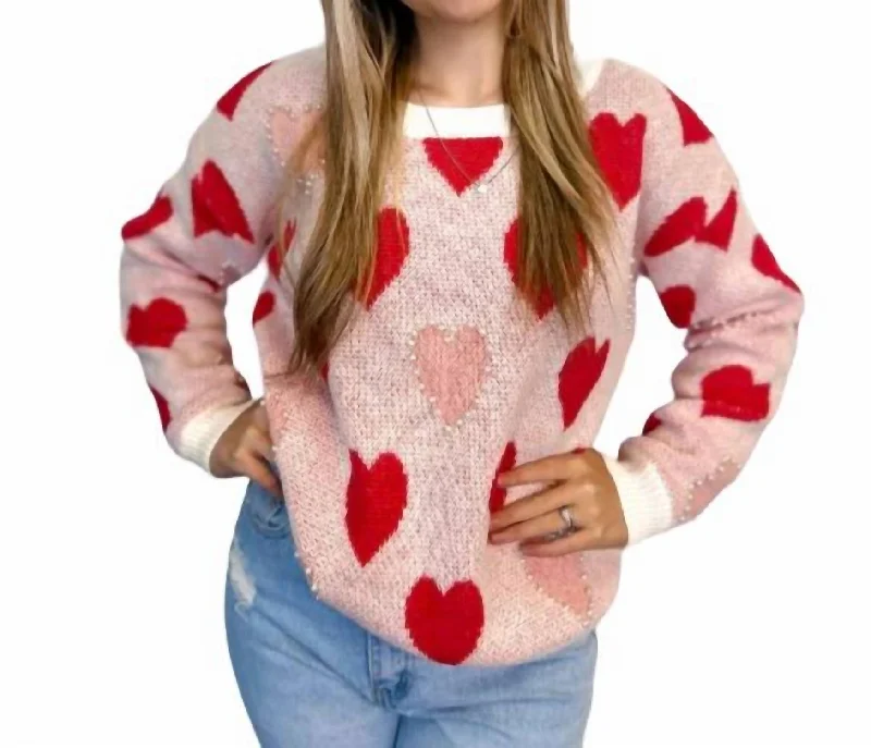 Betty Heart Pearl Sweater In Pink