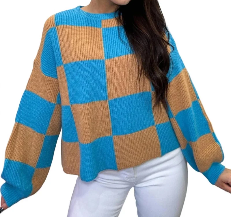 Checkered Charm Knit Sweater In Teal/taupe