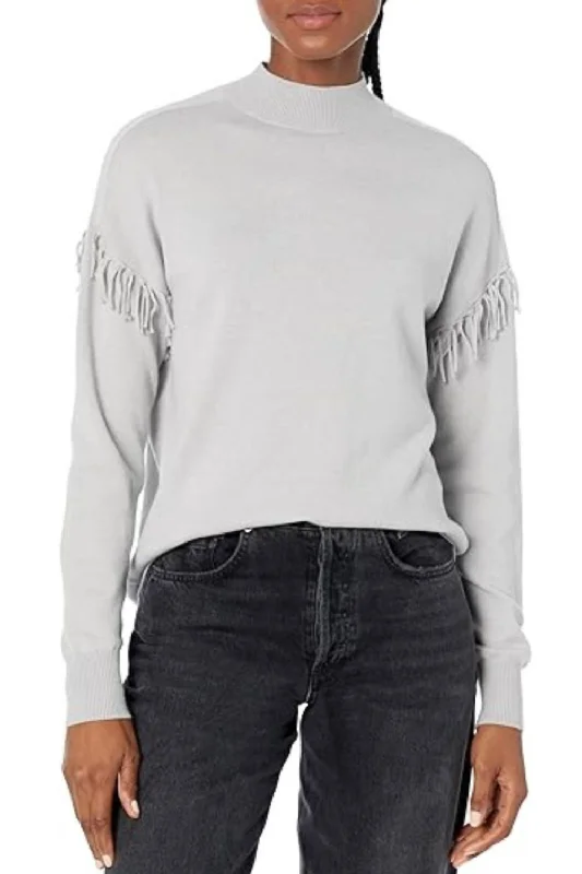 Fringe Mock Neck Sweater In Silver