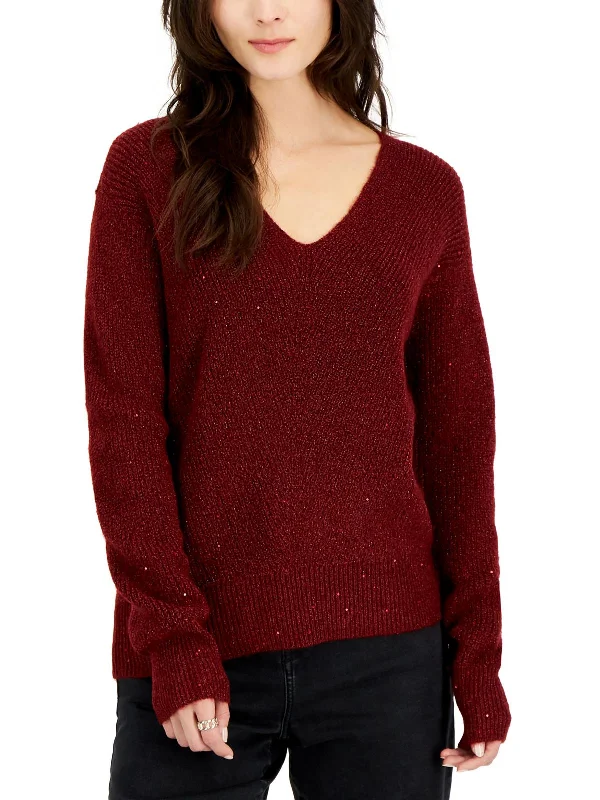 Womens V Neck Ribbed Trim Pullover Sweater