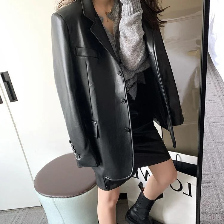 Runway Oversized Leather Blazer Women - Casual - Plain-Solid