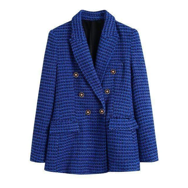 Dark Blue Tweed Blazer Women - Casual - Plaid